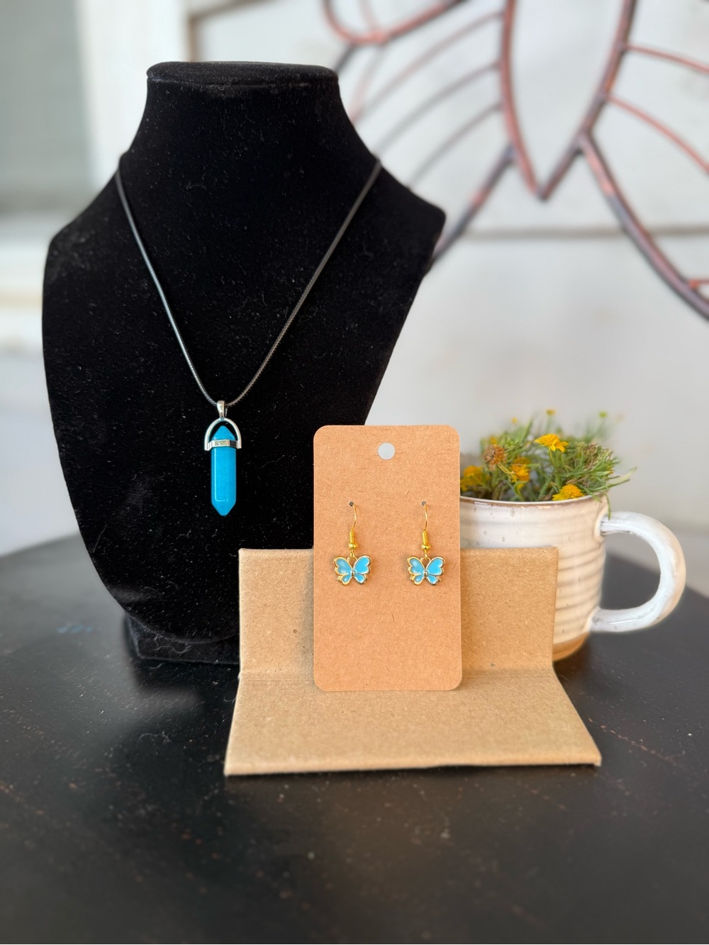 Blue Crystal Pendant Necklace and Butterfly Earrings Set